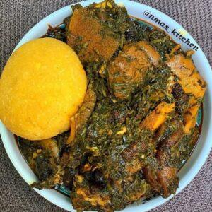 UYO - Plate of Garri & Afang Soup With Meat Of Choice With Delivery 1000Naira